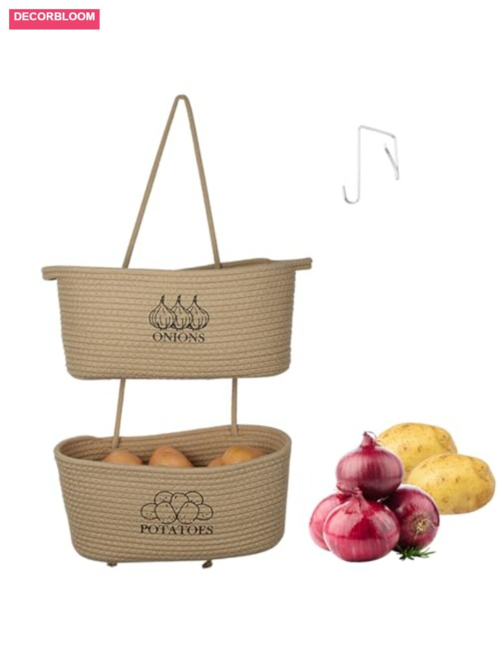 2-Tier Cotton Rope Hanging Vegetable Basket Kitchen Potato Onion Storage